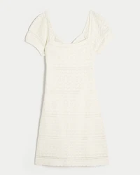 Short-Sleeve Crochet-Style Twist Back Mini Dress