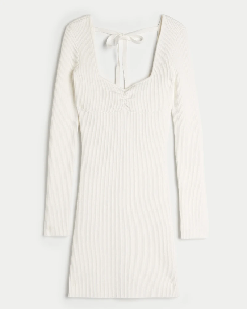 Long-Sleeve Cinch Bust Open-Back Sweater Dress