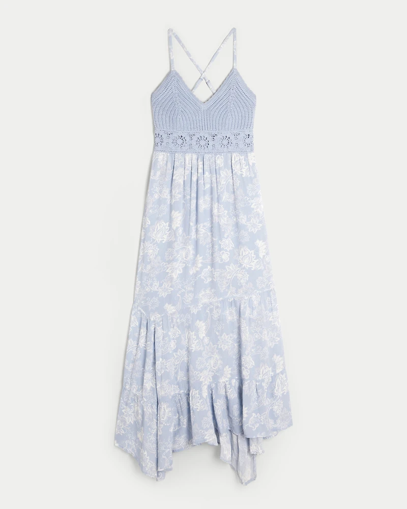 Crochet-Style Mix V-Neck Maxi Dress