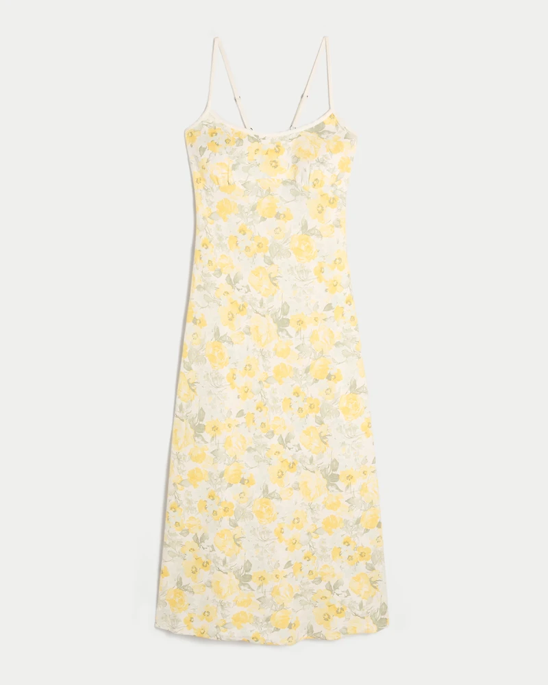 Linen-Blend Open Back Slip Midi Dress