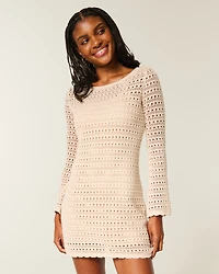 Long-Sleeve Crochet-Style Mini Dress