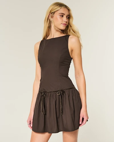High-Neck Drop-Waist Bow Mini Skort Dress