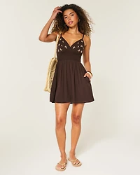 Smocked Waist Embroidered Mini Dress