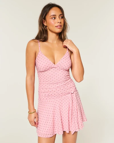 Ruched Mesh Tie Waist Dress