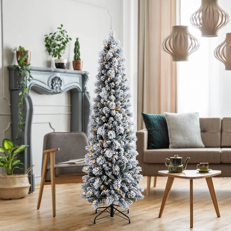 7ft. Pre-Lit Flocked Slim Artificial Christmas Tree, Warm White Twinkle LED Lights by Ashland®