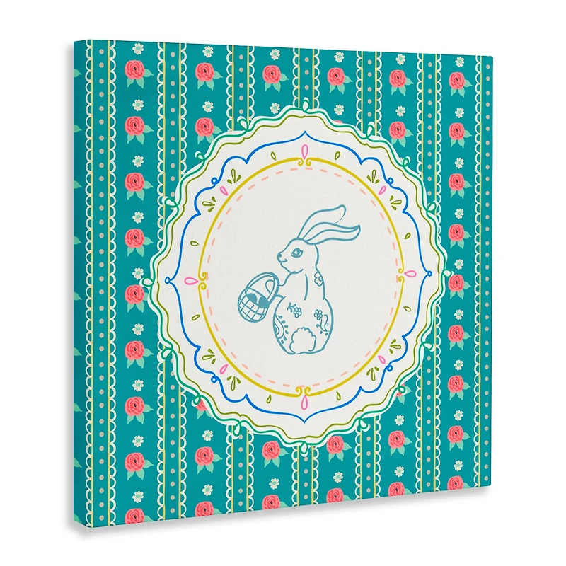 Stupell Industries Flower Stripes Pattern Bunny Canvas Wall Art