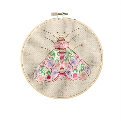 Spring 6" Pink Floral Moth Counted Cross Stitch Kit by Loops & Threads®
