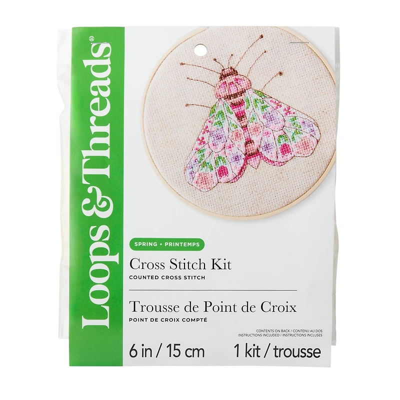 Spring 6" Pink Floral Moth Counted Cross Stitch Kit by Loops & Threads®