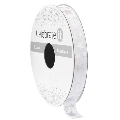 3/8" x 7yd. White & Silver Foil Stars Satin Ribbon by Celebrate It® Classic