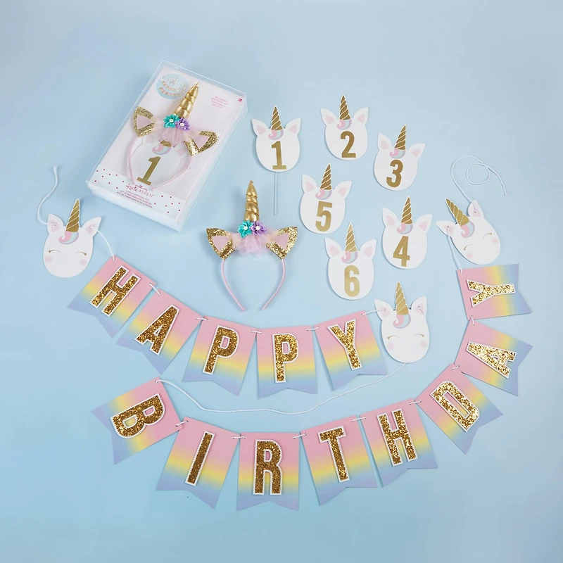 Kate Aspen® Gold Glitter Unicorn Happy Birthday Party Décor Kit