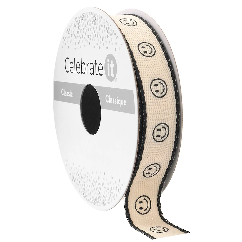 5/8" x 7yd. Black Smiley Face Faux Linen Ribbon by Celebrate It® Classic