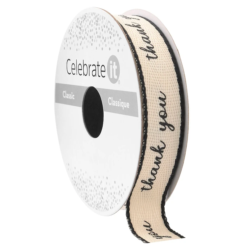 5/8" x 7yd. Black Thank You Faux Linen Ribbon by Celebrate It® Classic