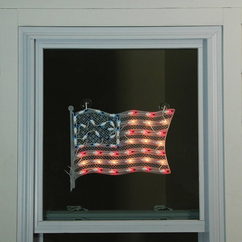 14.5" Red & Blue Lighted American Flag Window Silhouette Decoration