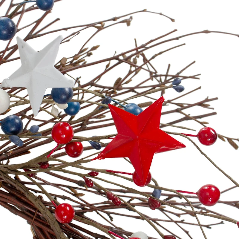 24" Red & Blue Berries & Stars Patriotic Twig Wreath