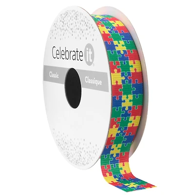 5/8" x 7yd. Multicolor Puzzle Pieces Grosgrain Ribbon by Celebrate It® Classic