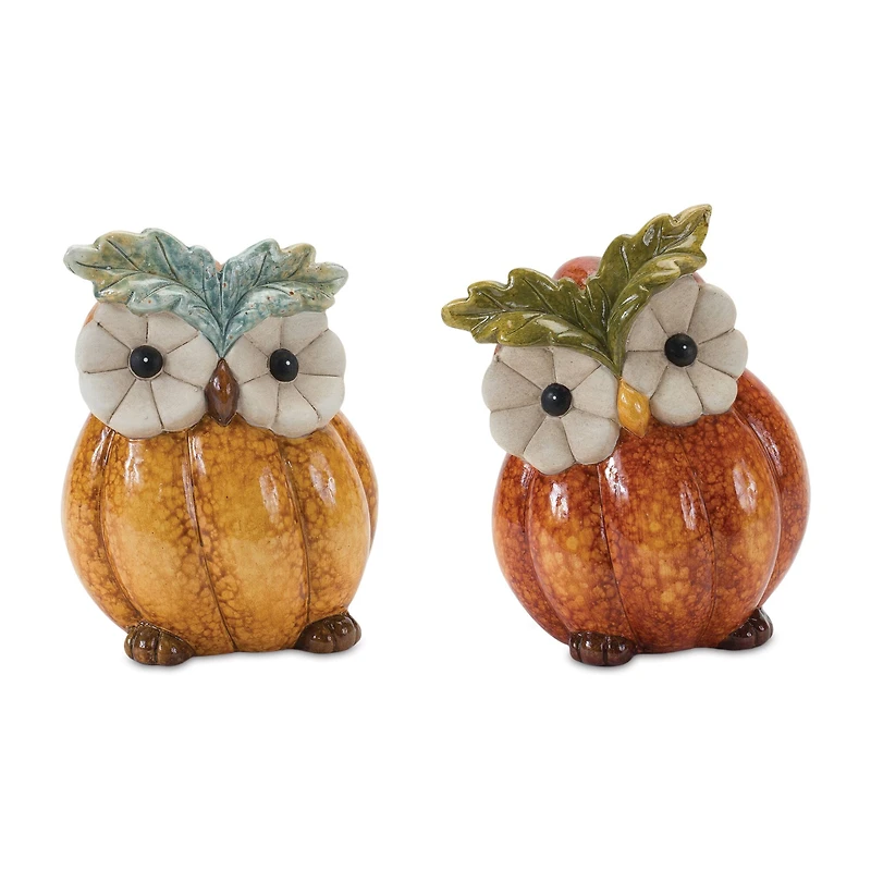 Terra Cotta Pumpkin Owl Figurine Set