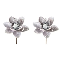Silver & Gray Glittered Magnolia Flower Stems, 2ct.