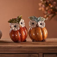 Terra Cotta Pumpkin Owl Figurine Set