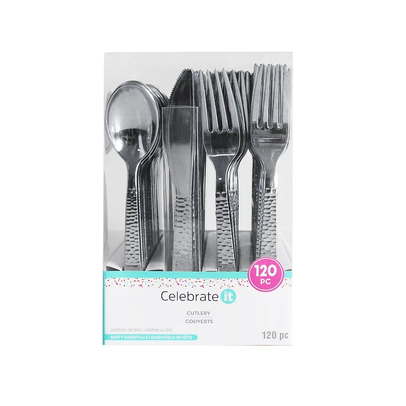 Silver Hammered Plastic Cutlery Set by Celebrate It™, 120ct.