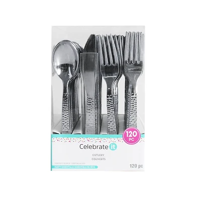 Silver Hammered Plastic Cutlery Set by Celebrate It™, 120ct.