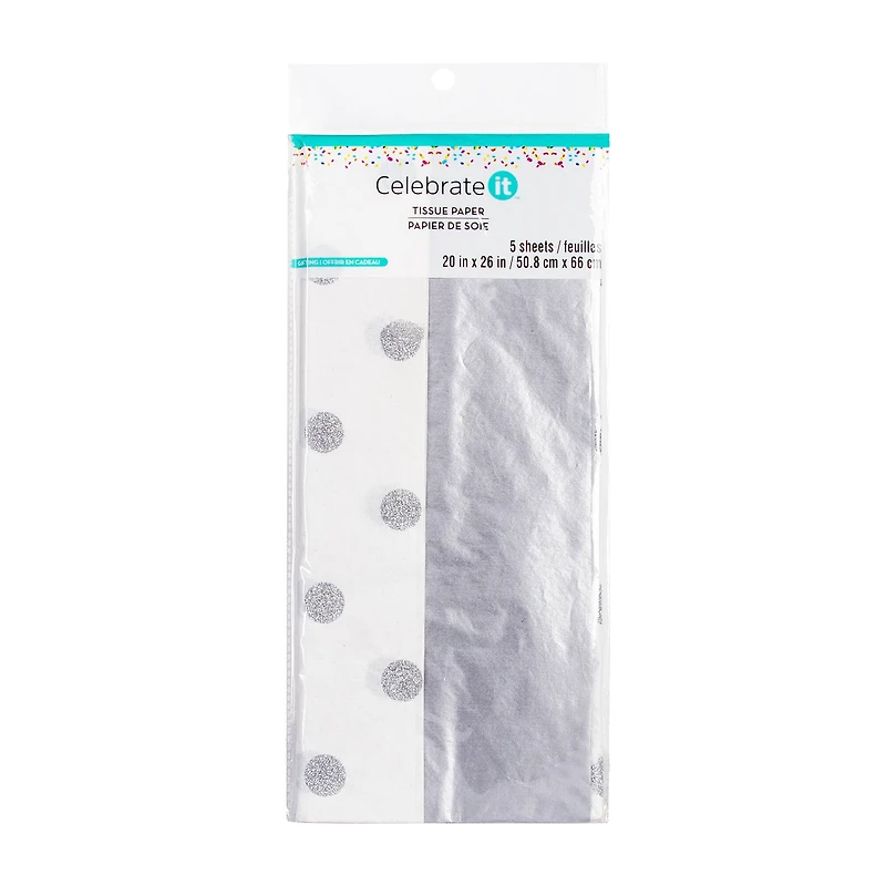 12 Packs: 5 ct. (60 total) Solid Silver & Silver Glitter Dots Tissue Paper by Celebrate It™