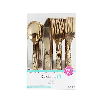 Gold Hammered Plastic Cutlery Set by Celebrate It™, 120ct.