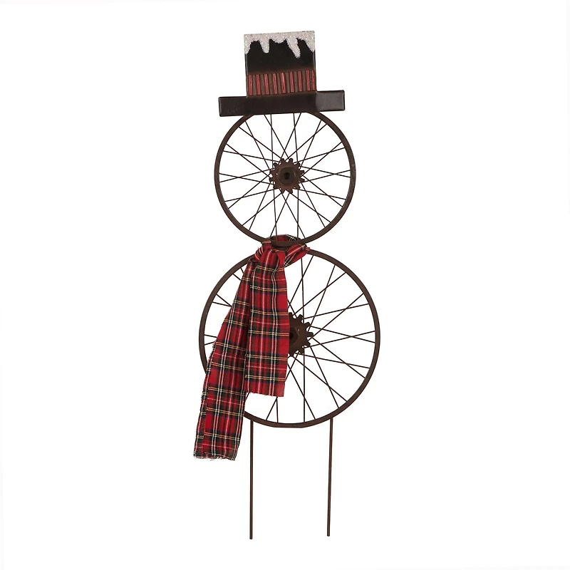 Glitzhome® 36" Metal Christmas Bike Wheel Snowman Plaid Scarf Yard Stake