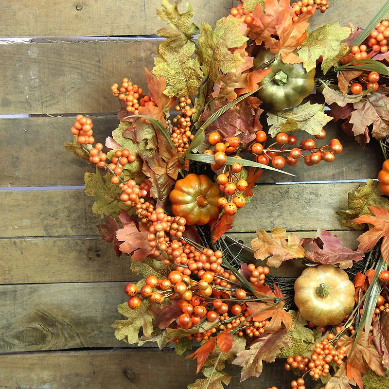 22" Autumn Harvest Fall Leaves, Pumpkins and Berries Wreath, Unlit
