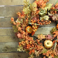 22" Autumn Harvest Fall Leaves, Pumpkins and Berries Wreath, Unlit