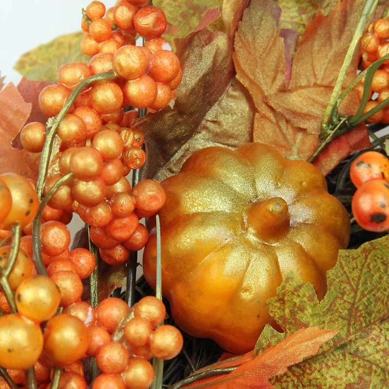 22" Autumn Harvest Fall Leaves, Pumpkins and Berries Wreath, Unlit