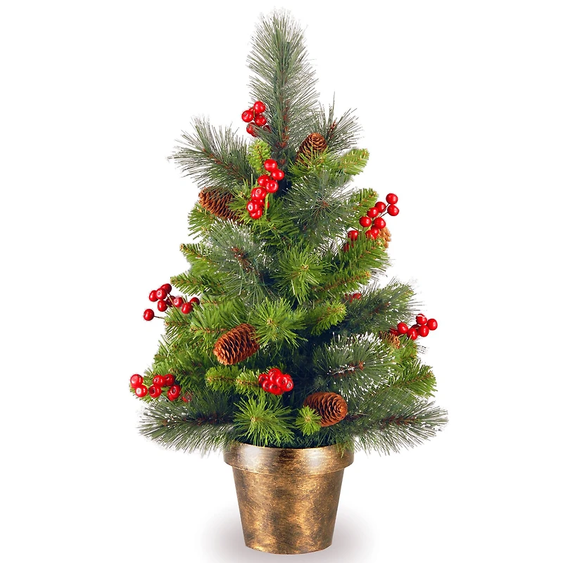 2ft. Unlit Silver Bristle, Pinecones, Red Berries & Glitter Crestwood Spruce Artificial Christmas Tree in Bronze Pot