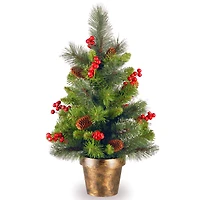 2ft. Unlit Silver Bristle, Pinecones, Red Berries & Glitter Crestwood Spruce Artificial Christmas Tree in Bronze Pot