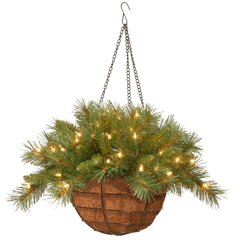 20" Tiffany Fir Hanging Basket With Warm White LED Battery Lights