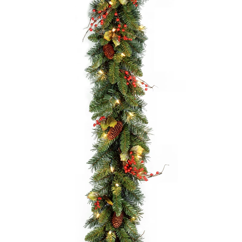 9' x 10" Pre-lit Classical Collection Artificial Christmas Garland with Red Berries, Cones, Holly Leaves and 50 Clear Lights