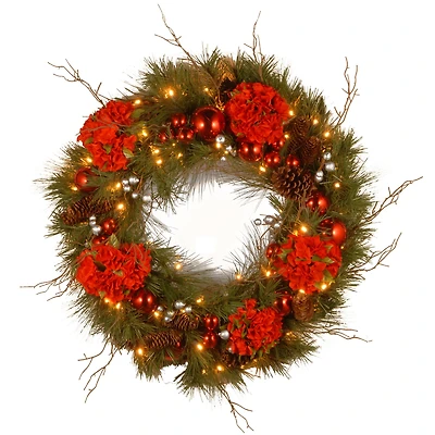 24" Decorative Collection Hydrangea Wreath with Cones, Red Berries & 50ct. Soft White Battery Operated LED Lights with Timer