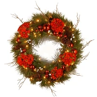 24" Decorative Collection Hydrangea Wreath with Cones, Red Berries & 50ct. Soft White Battery Operated LED Lights with Timer