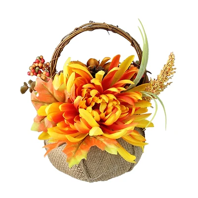 9" Autumn Harvest Burlap Pumpkin with Flowers and Fruit Thanksgiving Decoration