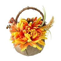 9" Autumn Harvest Burlap Pumpkin with Flowers and Fruit Thanksgiving Decoration