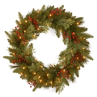24" Feel Real® Classical Collection Wreath with Red Berries, Cedar Leaves & Warm White LED Lights