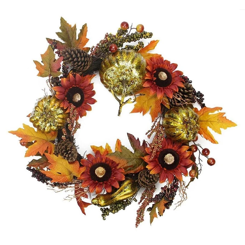 24" Unlit Gold Pumpkin & Red Sunflower Autumn Harvest Thanksgiving Artificial Wreath
