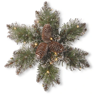 14" Glittery Bristle® Pine Snowflake with Pine Cones & Warm White LED Lights