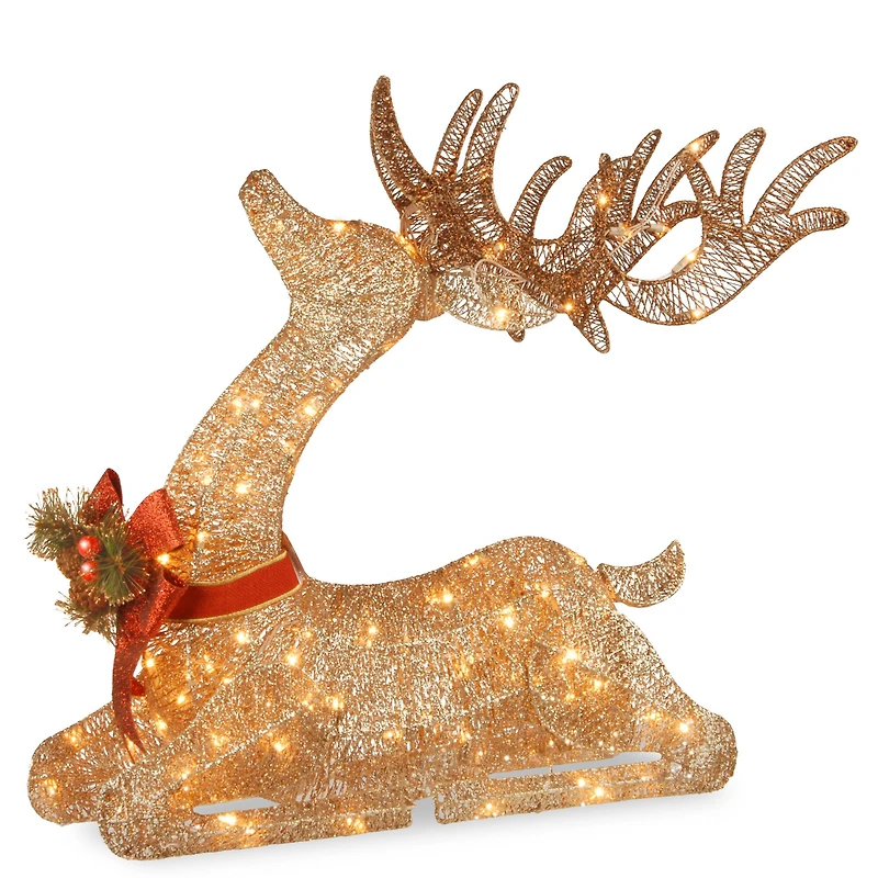 2.8ft. Sisal Splendor Champagne Lying Deer with 105 Mini Clear Lights