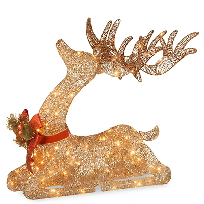 2.8ft. Sisal Splendor Champagne Lying Deer with 105 Mini Clear Lights