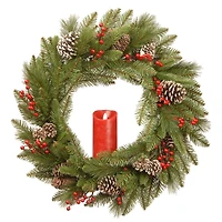 24" Feel Real® Bristle Berry Wreath with Red Electronic Candle, Red Berries & Cones