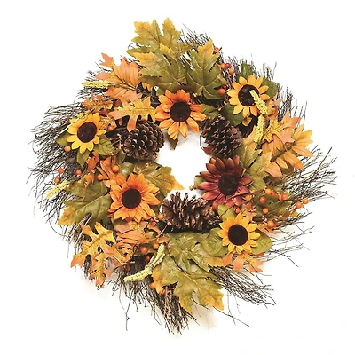 24" Unlit Autumn Harvest Fall Leaves, Berries, Pinecones & Sunflowers Artificial Wreath