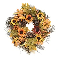 24" Unlit Autumn Harvest Fall Leaves, Berries, Pinecones & Sunflowers Artificial Wreath