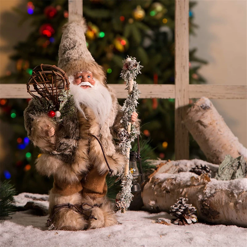 Glitzhome® 12" Christmas Light Brown Faux Fur Santa Figurine