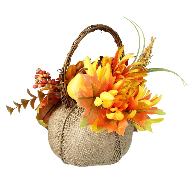 9" Autumn Harvest Burlap Pumpkin with Flowers and Fruit Thanksgiving Decoration