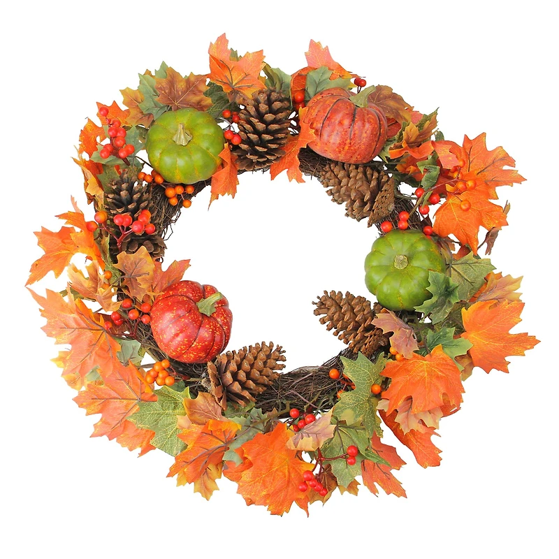 20" Autumn Harvest Decorative Artificial Fall Leaves, Pinecones, Pumpkins and Berries Wreath