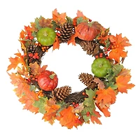 20" Autumn Harvest Decorative Artificial Fall Leaves, Pinecones, Pumpkins and Berries Wreath